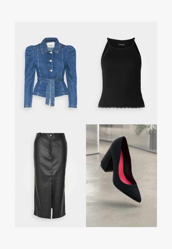Jachetă din denim cu talie cu curea, bust ajustat și umeri bufanți. Culoare albastră medie, design structurat și închidere cu nasturi în față.; Top de bumbac negru cu nervuri, cu dantelă ondulată la margine. Are bretele subțiri și un design ajustat. Fabricat din material elastic.; Fustă midi din piele neagră, cu fenta în față, bucle pentru curea și închidere cu un singur nasture. Textură netedă, design drept cu o croială ajustată.; Cămașă cu toc înalt, neagră, cu vârful ascuțit, suprafață texturată și interior de un roz vibrant. Dispune de un toc gros cu accent argintiu.