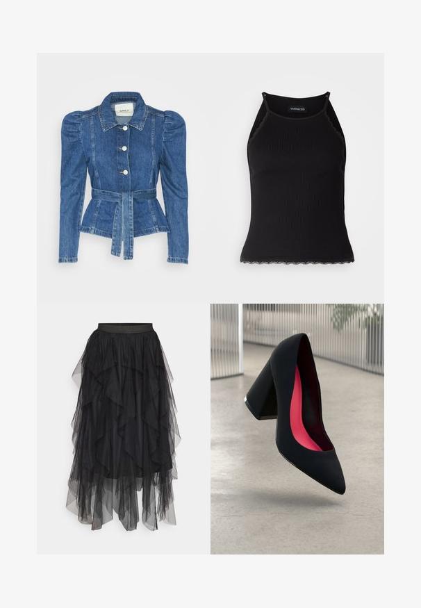 Denimo striukė su dirželiu liemens srityje, prigludusia forma ir pūstomis pečių dalimis. Vidutinio mėlynumo spalva, struktūrizuotas dizainas ir priekiniai mygtukų užsegimai.; Juodas raštuotas marškinėlis be rankovių su banginiu nėriniu apdaila apatine dalimi. Savybės: plonos petnešos ir prigludusi forma. Pagaminta iš tamprios medžiagos.; Juodas tiulis sijonas su sluoksniuotomis raukšlėmis, su elastinga juosmens juosta ir skirtingais ilgiais. Permatoma tekstūra padidina vizualinį gylį.; Juoda aukštakulnė bateliai su aštriu priekeliu ir tekstūruotu viršumi. Viduje ryškiai rožinė pamušalas. Kvadratinis kulnas su metaliniu akcentu pado pagrinde.