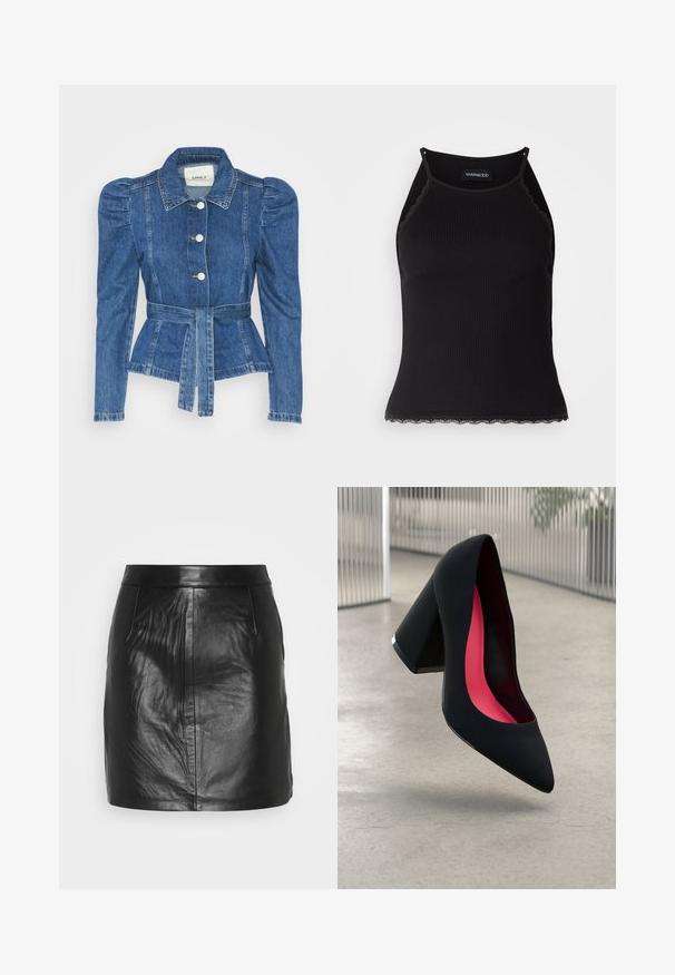 Denim jakna z pasom, prilegajoča bodica in napihnjena ramena. Srednje modra barva, strukturna zasnova in sprednje gumbne zanke.; Črn rebrast top brez rokavov z valovitimi čipkastimi robovi na dnu. Ima tanke naramnice in oprijet kroj. Narejen je iz raztegljivega materiala.; Črna usnjena mini krilo z gladko teksturo, prilegajočo silhueto, dvema stranskima žepoma in pasom brez vidne kovinske opreme.; Črne visoke petke z nazobčanim prstom, teksturirano površino in živahnimi rožnatimi notranjimi deli. Imajo robustno peto z srebrnim akcentom.