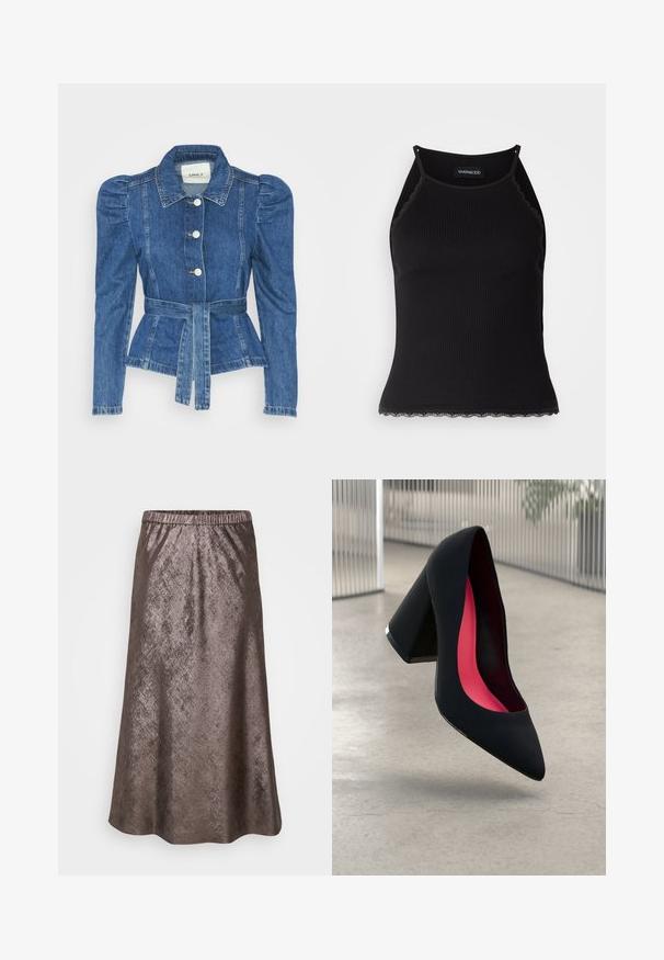 Denimo striukė su dirželiu liemens srityje, prigludusia forma ir pūstomis pečių dalimis. Vidutinio mėlynumo spalva, struktūrizuotas dizainas ir priekiniai mygtukų užsegimai.; Juodas raštuotas marškinėlis be rankovių su banginiu nėriniu apdaila apatine dalimi. Savybės: plonos petnešos ir prigludusi forma. Pagaminta iš tamprios medžiagos.; Metalinės rudos midi sijonas, elastinga juosmens juosta, lygus paviršius, A-formos siluetas, švelniai atspindinti danga su minkštu blizgesiu.; Juoda aukštakulnė bateliai su aštriu priekeliu ir tekstūruotu viršumi. Viduje ryškiai rožinė pamušalas. Kvadratinis kulnas su metaliniu akcentu pado pagrinde.