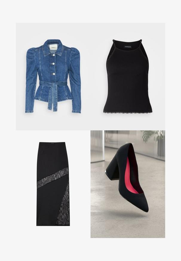 Jeansjacke mit tailliertem Schnitt, fitted Oberteil und gepufften Schultern. Mittelblaue Farbe, strukturierte Form und Frontknopfverschlüsse.; Schwarzes, geripptes Tanktop mit gewellten Spitzenabschluss am Saum. Mit dünnen Trägern und einer figurbetonten Passform. Hergestellt aus dehnbarem Material.; Schwarzer Midirock mit geometrischem Design, strukturierten Spitzen-Einsätzen, strukturiertem Stoff und einer schlanken Silhouette.; Schwarzer High Heel Schuh mit spitzer Zehe, strukturiertem Obermaterial und lebhaftem pinken Innenraum. Verfügt über einen dicken Absatz mit silberner Akzentuierung.