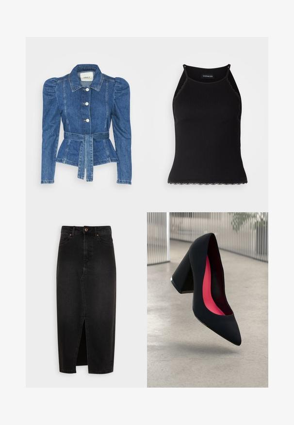 Jeansjakke med belte i midjen, tettsittende midje og puffede skuldre. Medium blå farge, strukturert design og frontknapper.; Svart ribbet tanktopp med scallop lace detaljer i kanten. Har tynne stropper og en kroppsnær design. Laget av elastisk stoff.; Svart denimskjørt, kneelengde, med splitt foran, standard midje og kobberfargede knapper. Glatt tekstur, klassisk design.; Svart høye hæler med spiss tå, teksturert overflate og en livlig rosa innside. Har en kraftig hæl med sølvdetaljer.