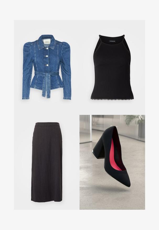 Džínová bunda s opaskom v páse, priliehavým telom a vypúknutými ramenami. Stredne modrá farba, štruktúrovaný dizajn a predné gombíkové zapínanie.; Čierny rebrovaný top bez rukávov so zvlneným čipkovým lemovaním na spodnom leme. Má tenké ramienka a priliehavý strih. Vyrobené z elastického materiálu.; Čierna midi sukňa s pruhovaným vzorom a rovnou siluetou, s hladkou textúrou a pásom v hornej časti. Obsahuje aj detail bočného rozparku.; Čierna lodička na vysokom opätku s špicatou špičkou, štruktúrovaným povrchom a živým ružovým interiérom. Obsahuje robustný opätok so strieborným akcentom.