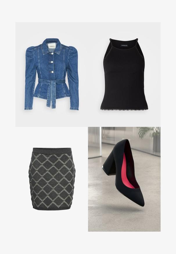 Veste en denim avec une taille ceinturée, un buste ajusté et des épaules bouffantes. Couleur bleu moyen, design structuré et fermetures à boutons sur le devant.; Débardeur noir à côtes avec une bordure en dentelle festonnée à l'ourlet. Présente des bretelles fines et une coupe ajustée. Fabriqué en tissu extensible.; Jupe en tricot grise avec un motif en diamant, une finition texturée, une taille côtelée et une silhouette ajustée.; Chaussure à talon haut noire avec un bout pointu et une tige texturée. Intérieur avec une doublure rose vif. Talon carré avec un accent métallique à la base.
