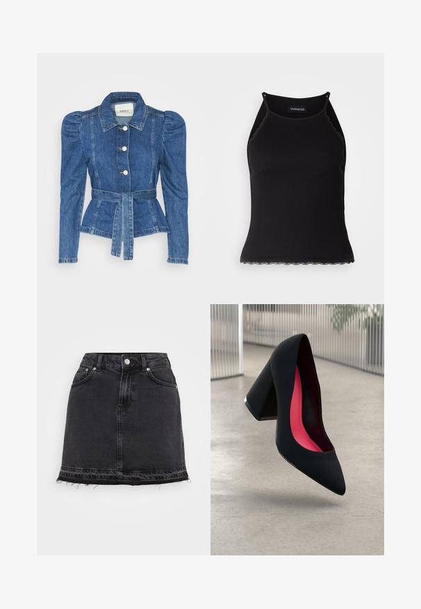 Denim jacket with a belted waist, fitted bodice, and puffed shoulders. Medium blue color, structured design, and front button closures.; Black ribbed tank top with scalloped lace trim at the hem. Features thin straps and a fitted design. Made from stretchable fabric.; Black denim mini skirt with a straight silhouette, featuring front pockets, metal button closure, and frayed hem detail.; Black high heel shoe with a pointed toe, textured surface, and a vibrant pink interior. Features a chunky heel with silver accent.