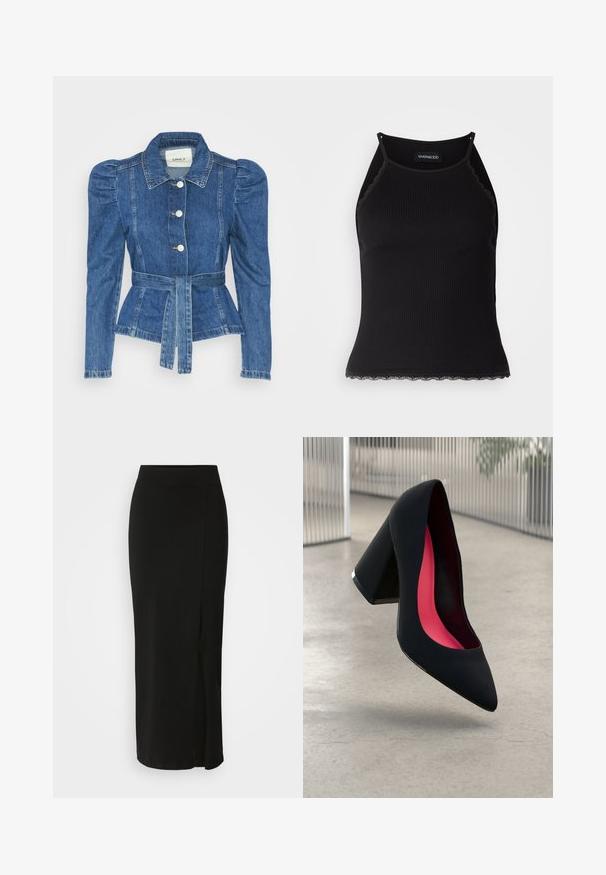 Denimo striukė su dirželiu liemens srityje, prigludusia forma ir pūstomis pečių dalimis. Vidutinio mėlynumo spalva, struktūrizuotas dizainas ir priekiniai mygtukų užsegimai.; Juodas raštuotas marškinėlis be rankovių su banginiu nėriniu apdaila apatine dalimi. Savybės: plonos petnešos ir prigludusi forma. Pagaminta iš tamprios medžiagos.; Juoda kelio ilgio sijonas, pagamintas iš minkštos, tamprios medžiagos. Turi prigludusią juosmenį ir šoną plyšį, kad būtų lengviau judėti.; Juodas aukštakulnis batai su smailiu pirštu, su tekstūruota paviršiumi ir ryškiai rožiniu vidumi. Su tiek dideliu kulnu, tiek sidabriniu akcentu.