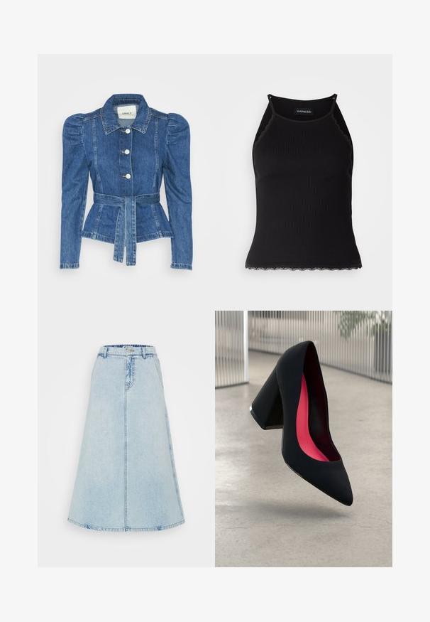 Jachetă din denim cu talie cu curea, bust ajustat și umeri bufanți. Culoare albastră medie, design structurat și închidere cu nasturi în față.; Top de bumbac negru cu nervuri, cu dantelă ondulată la margine. Are bretele subțiri și un design ajustat. Fabricat din material elastic.; O fustă midi din denim albastru deschis, cu o formă evazată, talie cu bucle pentru curea și cusături vizibile pe ș seamă.; Cămașă cu toc înalt, neagră, cu vârful ascuțit, suprafață texturată și interior de un roz vibrant. Dispune de un toc gros cu accent argintiu.