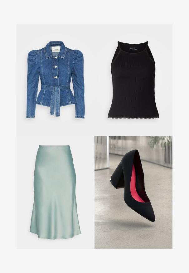 Denim jacket with a belted waist, fitted bodice, and puffed shoulders. Medium blue color, structured design, and front button closures.; Black ribbed tank top with scalloped lace trim at the hem. Features thin straps and a fitted design. Made from stretchable fabric.; A mint green satin skirt featuring a smooth texture, a sleek silhouette, and a slight slit on one side. No visible hardware or patterns.; Black high heel shoe with a pointed toe, textured surface, and a vibrant pink interior. Features a chunky heel with silver accent.