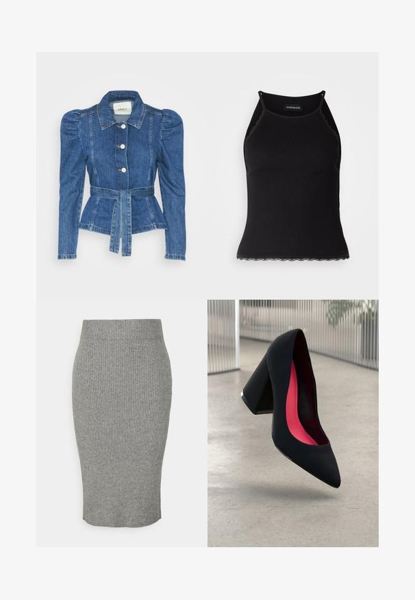 Džínová bunda s opaskom v páse, priliehavým telom a vypúknutými ramenami. Stredne modrá farba, štruktúrovaný dizajn a predné gombíkové zapínanie.; Čierny rebrovaný top bez rukávov so zvlneným čipkovým lemovaním na spodnom leme. Má tenké ramienka a priliehavý strih. Vyrobené z elastického materiálu.; Sivá ryhovaná pletená ceruzková sukňa s priliehajúcim siluetou, ktorá má elastický pás a jemnú textúru. Sukňa je strednej dĺžky.; Čierna lodička na vysokom opätku s špicatou špičkou, štruktúrovaným povrchom a živým ružovým interiérom. Obsahuje robustný opätok so strieborným akcentom.