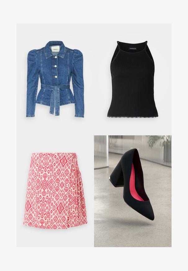 Riposso takki, jossa on vyöllinen vyötärö, istuva vartalo ja puffatut olkapäät. Keskisininen väri, rakenteellinen muotoilu ja etupainetut napit.; Mustan ribbitoppi, jonka helman reunassa on aaltoileva pitsi. Ominaisuuksina ohuet hihnat ja tiukka malli. Valmistettu joustavasta kankaasta.; Hame kremillä, jossa on vaaleanpunainen geometrinen kuvio. Ominaisuuksia ovat sivusolki ja liehuva muotoilu mukautuvaa istuvuutta varten. Sujuva kangastuntuma.; Musta korkokenkä, jossa on terävä kärki, teksturoitu pinta ja kirkkaan vaaleanpunainen sisus. Varustettu tukevalla kannalla, jossa on hopeinen yksityiskohta.