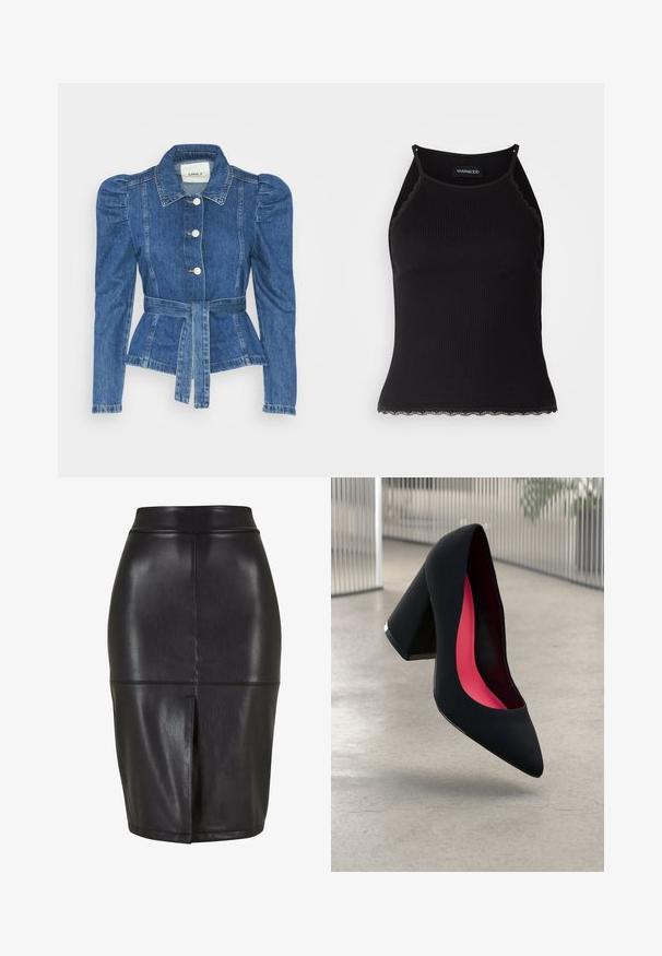 Jachetă din denim cu talie cu curea, bust ajustat și umeri bufanți. Culoare albastră medie, design structurat și închidere cu nasturi în față.; Top de bumbac negru cu nervuri, cu dantelă ondulată la margine. Are bretele subțiri și un design ajustat. Fabricat din material elastic.; Fustă creion din piele neagră, cu un design ajustat, având o fente pe spate și o textură netedă. Talie simplă și detalii cu cusături.; Cămașă cu toc înalt, neagră, cu vârful ascuțit, suprafață texturată și interior de un roz vibrant. Dispune de un toc gros cu accent argintiu.