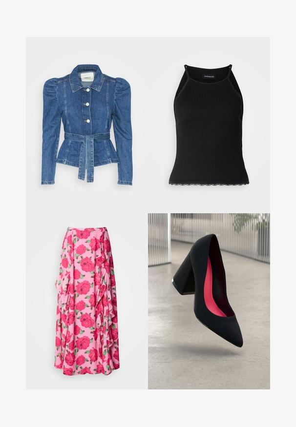 Denimo striukė su dirželiu liemens srityje, prigludusia forma ir pūstomis pečių dalimis. Vidutinio mėlynumo spalva, struktūrizuotas dizainas ir priekiniai mygtukų užsegimai.; Juodas raštuotas marškinėlis be rankovių su banginiu nėriniu apdaila apatine dalimi. Savybės: plonos petnešos ir prigludusi forma. Pagaminta iš tamprios medžiagos.; Rožinė maksi sijonas, pagamintas iš audinio su dideliais, ryškiais raudonais rožėmis ir žalios spalvos lapais. Šone yra volanai, kurie suteikia papildomo tekstūros.; Juoda aukštakulnė bateliai su aštriu priekeliu ir tekstūruotu viršumi. Viduje ryškiai rožinė pamušalas. Kvadratinis kulnas su metaliniu akcentu pado pagrinde.