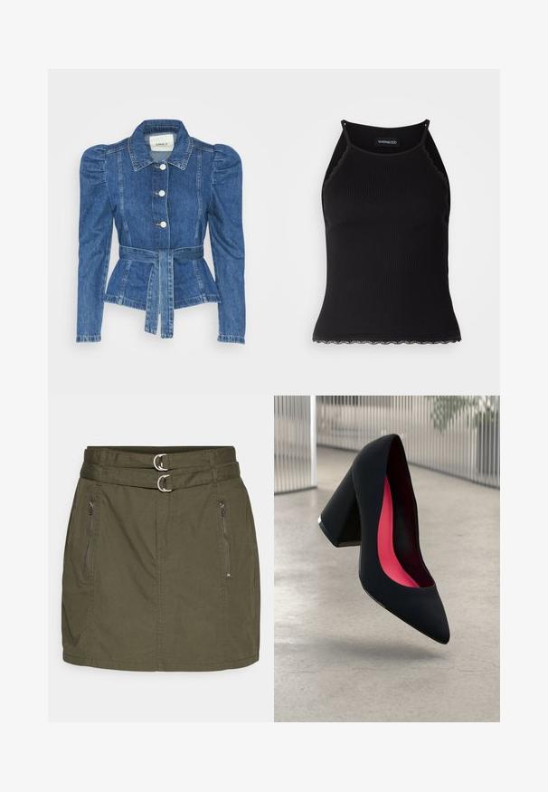 Farmer dzseki övvel a deréknál, testhez simuló fazon és puffos vállakkal. Középkék szín, struktúrált kialakítás és elöl gombos záródás.; Fekete bordázott ujjatlan felső, csipkés, fodros szegéllyel az alján. Vékony pántokkal és testhez simuló kialakítással rendelkezik. Stretch anyagból készült.; Olíva zöld szoknya, amelynek derékrészén két ezüstgyűrű található, két cipzáras oldalsó zseb és egyenes, szabott fazon jellemzi.; Fekete magassarkú cipő hegyes orral, textúrált felülettel és élénk rózsaszín béléssel. Vastag sarokkal rendelkezik, ezüst kiegészítővel.