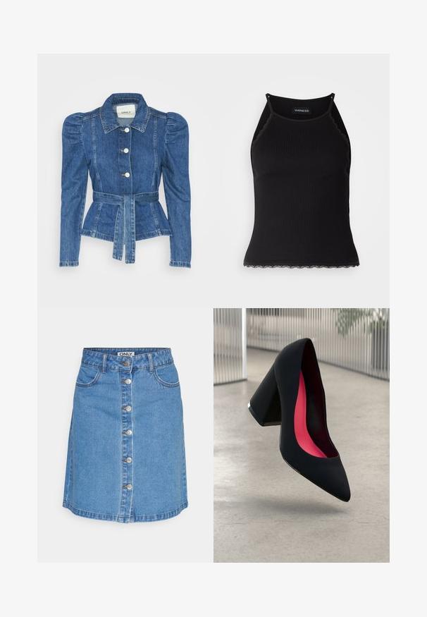 Denim jakna z pasom, prilegajoča bodica in napihnjena ramena. Srednje modra barva, strukturna zasnova in sprednje gumbne zanke.; Črn rebrast top brez rokavov z valovitimi čipkastimi robovi na dnu. Ima tanke naramnice in oprijet kroj. Narejen je iz raztegljivega materiala.; Denim krilo v svetlo modri barvi s prilegajočo obliko, sprednjim gumbom, dvema sprednjima žepoma in obrobo, ki se konča nad kolenom.; Črne visoke petke z nazobčanim prstom, teksturirano površino in živahnimi rožnatimi notranjimi deli. Imajo robustno peto z srebrnim akcentom.