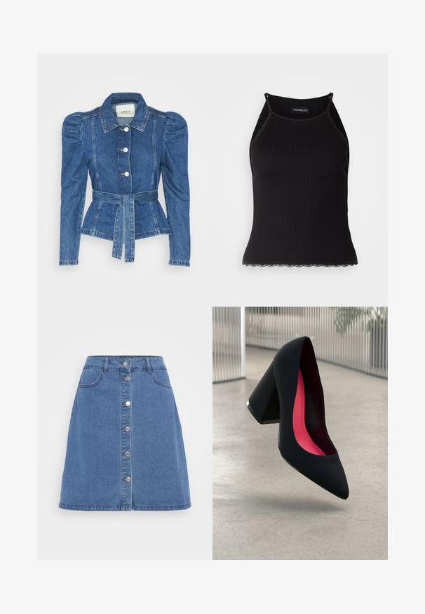 Casaco de ganga com cintura ajustada, corpete justo e ombros bufantes. Cor azul média, design estruturado e fecho frontal por botões.; T-shirt sem mangas preto com acabamento em renda frisada na barra. Apresenta alças finas e um design justo. Feito de um tecido elástico.; Saia em denim em azul claro, com fecho frontal de botões, dois bolsos e bainha desfiada. Design clássico de cinco bolsos.; Sapato de salto alto preto com bico puntiagudo, superfície texturizada e um interior vibrante em rosa. Apresenta um salto grosso com detalhe em prata.
