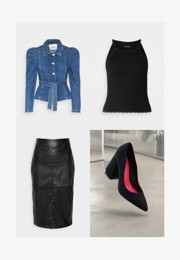 Džínová bunda s páskem v pase, přiléhavým střihem a nadýchanými ramenními vycpávkami. Středně modrá barva, strukturovaný design a zapínání na knoflíky vpředu.; Černý žebrovaný top na ramínka s krajkovým lemem na spodním okraji. Obsahuje tenké ramínka a přiléhavý střih. Vyrobeno z elastické látky.; Černá kožená sukně s hladkým povrchem, s vysokým pasem a prošívanými švy, které vytváří nenápadný, strukturovaný tvar.; Černá vysoká podpatková bota s špičatou špičkou, texturovaným povrchem a živým růžovým interiérem. Obsahuje masivní podpatek se stříbrným akcentem.