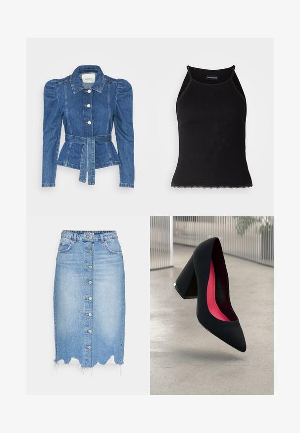 Džinsu jaka ar jostas vidukli, pieguļošu augšdaļu un pūšām plecu daļām. Vidēji zila krāsa, strukturēts dizains un priekšējie pogu aizdarījumi.; Melna ribota topiņa ar izšūtu mežģīņu apdari apakšmalā. Iezīmē plānas siksniņas un pielāgotu piegriezumu. Izgatavota no stiepjama auduma.; Gaiši zils džinsu svārki ar pogu priekšā, vidēja garuma, ar plīsušu apakšmalu un divām priekšējām kabatām. Iekļauj sudraba detaļas.; Melna augsta papēža kurpe ar smailu purngalu, teksturētu virsmu un dzīvespriecīgu rozā interjeru. Satur masīlu papēdi ar sudraba akcentu.