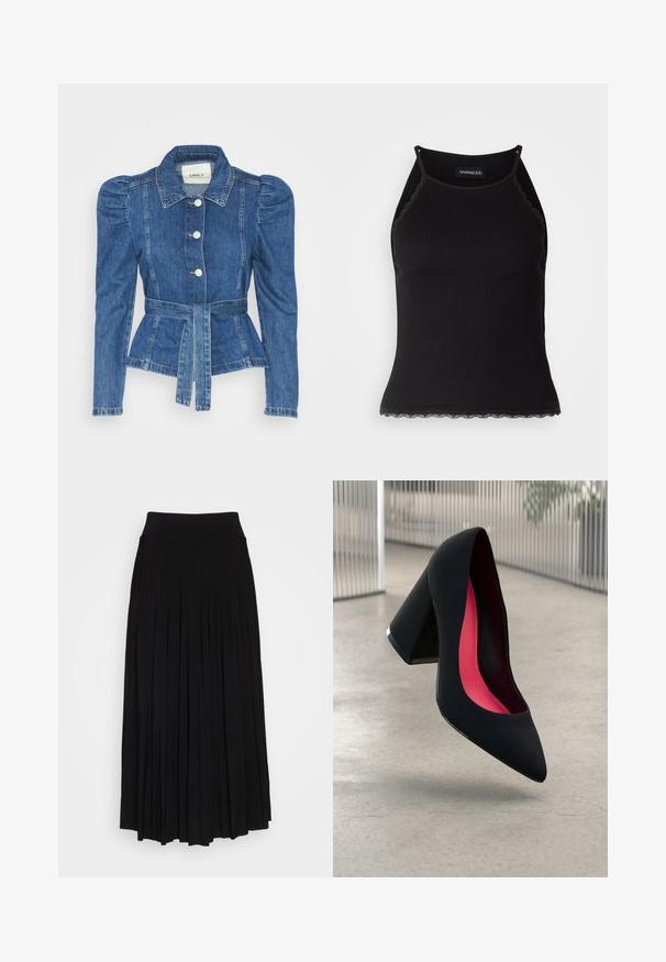 Denim jakna z pasom, prilegajoča bodica in napihnjena ramena. Srednje modra barva, strukturna zasnova in sprednje gumbne zanke.; Črn rebrast top brez rokavov z valovitimi čipkastimi robovi na dnu. Ima tanke naramnice in oprijet kroj. Narejen je iz raztegljivega materiala.; Črna plisirana krila z visokim, raztegljivim pasom. Narejeno iz mehke tkanine, z navpičnimi plisami za lahkotno silhueto.; Črne visoke petke z nazobčanim prstom, teksturirano površino in živahnimi rožnatimi notranjimi deli. Imajo robustno peto z srebrnim akcentom.