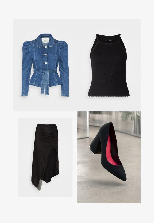 Džinsu jaka ar jostas vidukli, pieguļošu augšdaļu un pūšām plecu daļām. Vidēji zila krāsa, strukturēts dizains un priekšējie pogu aizdarījumi.; Melna ribota topiņa ar izšūtu mežģīņu apdari apakšmalā. Iezīmē plānas siksniņas un pielāgotu piegriezumu. Izgatavota no stiepjama auduma.; Melna asimetriska svārku izgatavota no viegla caurspīdīga auduma, ar sīnēm uz sāniem un augstu šķirbiņu, kas piešķir papildus kustību.; Melna augsta papēža kurpe ar smailu purngalu, teksturētu virsmu un dzīvespriecīgu rozā interjeru. Satur masīlu papēdi ar sudraba akcentu.