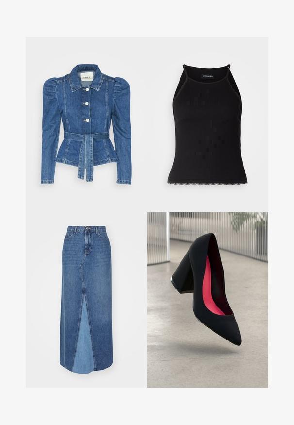 Farmer dzseki övvel a deréknál, testhez simuló fazon és puffos vállakkal. Középkék szín, struktúrált kialakítás és elöl gombos záródás.; Fekete bordázott ujjatlan felső, csipkés, fodros szegéllyel az alján. Vékony pántokkal és testhez simuló kialakítással rendelkezik. Stretch anyagból készült.; Farmer maxi szoknya magas derékkal, elülső hasítékkal és sötétebb és világosabb kék árnyalatokkal rendelkező színblokk mintázattal.; Fekete magassarkú cipő hegyes orral, textúrált felülettel és élénk rózsaszín béléssel. Vastag sarokkal rendelkezik, ezüst kiegészítővel.