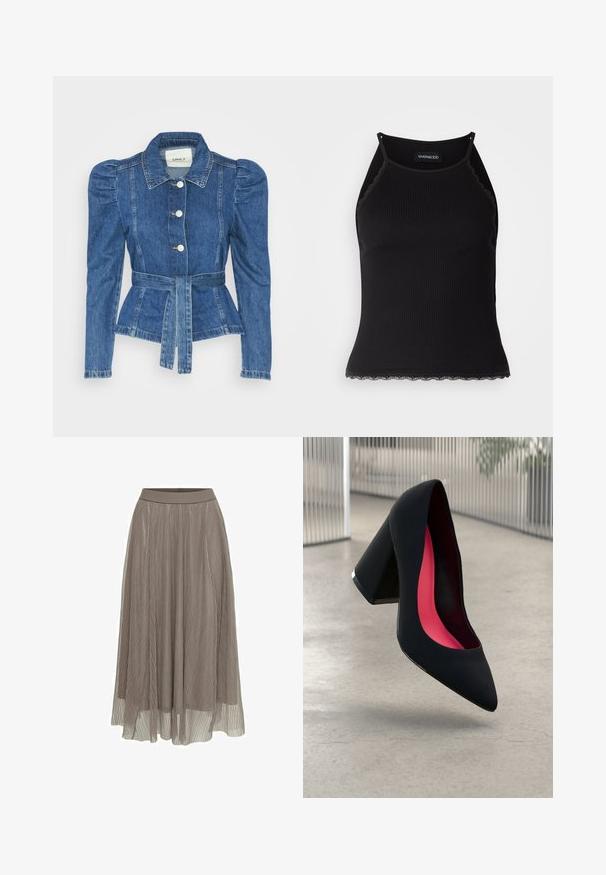 Denimo striukė su dirželiu liemens srityje, prigludusia forma ir pūstomis pečių dalimis. Vidutinio mėlynumo spalva, struktūrizuotas dizainas ir priekiniai mygtukų užsegimai.; Juodas raštuotas marškinėlis be rankovių su banginiu nėriniu apdaila apatine dalimi. Savybės: plonos petnešos ir prigludusi forma. Pagaminta iš tamprios medžiagos.; Raukšlėta maksi sijonas taupe spalvos, su lygiu liemeniu ir plazdančia siluetu. Pagamintas iš lengvo, permatomo audinio su subtilia tekstūra.; Juodas aukštakulnis batai su smailiu pirštu, su tekstūruota paviršiumi ir ryškiai rožiniu vidumi. Su tiek dideliu kulnu, tiek sidabriniu akcentu.