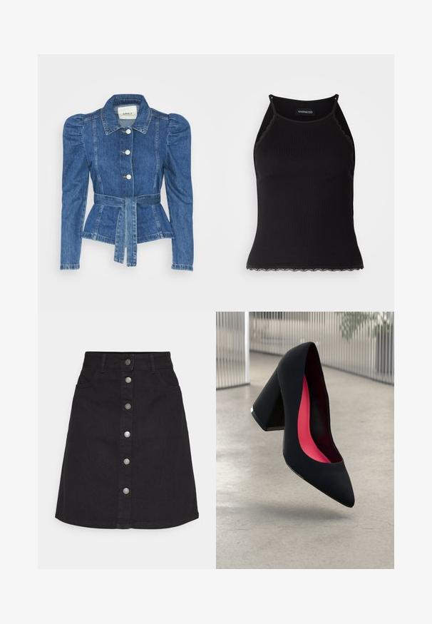 Casaco de ganga com cintura ajustada, corpete justo e ombros bufantes. Cor azul média, design estruturado e fecho frontal por botões.; T-shirt sem mangas preto com acabamento em renda frisada na barra. Apresenta alças finas e um design justo. Feito de um tecido elástico.; Saia de ganga preta com fecho de botão vertical e cinco bolsos. Apresenta um design reto e bainha, feita de um tecido de algodão resistente.; Sapato de salto alto preto com bico puntiagudo, superfície texturizada e um interior vibrante em rosa. Apresenta um salto grosso com detalhe em prata.