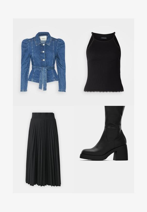 Jeansjakke med belte i midjen, tettsittende midje og puffede skuldre. Medium blå farge, strukturert design og frontknapper.; Svart ribbet tanktopp med scallop lace detaljer i kanten. Har tynne stropper og en kroppsnær design. Laget av elastisk stoff.; Svart plisserte skjørt med bred midjebånd, med jevne vertikale folder gjennom hele. Glatt tekstur med en flytende design.; Sorte lærstøvler midt på læggen med kraftig blokhæl og rund tå, vist fra siden på hvid baggrund.
