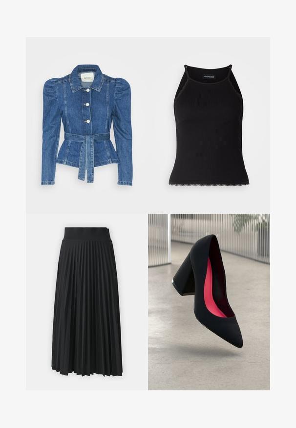 Denim jakna z pasom, prilegajoča bodica in napihnjena ramena. Srednje modra barva, strukturna zasnova in sprednje gumbne zanke.; Črn rebrast top brez rokavov z valovitimi čipkastimi robovi na dnu. Ima tanke naramnice in oprijet kroj. Narejen je iz raztegljivega materiala.; Črna plisirana krila z širokim pasom, ki ima enakomerne navpične gubice po celi dolžini. Gladka tekstura z mehak načrtom.; Črne visoke petke z nazobčanim prstom, teksturirano površino in živahnimi rožnatimi notranjimi deli. Imajo robustno peto z srebrnim akcentom.