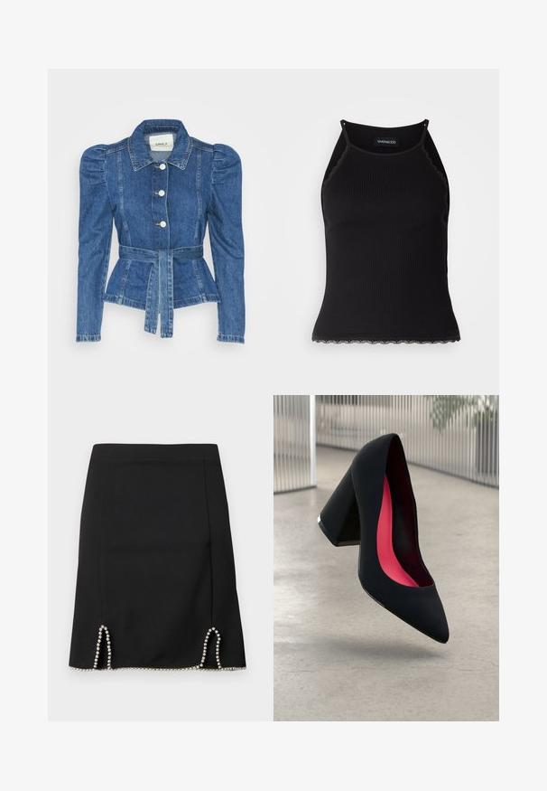 Jeansjacke mit tailliertem Schnitt, fitted Oberteil und gepufften Schultern. Mittelblaue Farbe, strukturierte Form und Frontknopfverschlüsse.; Schwarzes, geripptes Tanktop mit gewellten Spitzenabschluss am Saum. Mit dünnen Trägern und einer figurbetonten Passform. Hergestellt aus dehnbarem Material.; Schwarzer Rock mit tailliertem Schnitt, silbernen Perlenakzenten am Saum und dekorativen Ausschnitten an den Seiten. Glatte Stoffstruktur.; Schwarzer High Heel Schuh mit spitzer Zehe, strukturiertem Obermaterial und lebhaftem pinken Innenraum. Verfügt über einen dicken Absatz mit silberner Akzentuierung.