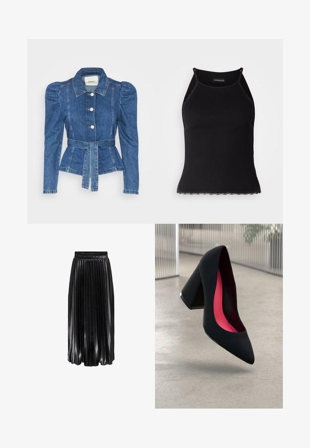 Riposso takki, jossa on vyöllinen vyötärö, istuva vartalo ja puffatut olkapäät. Keskisininen väri, rakenteellinen muotoilu ja etupainetut napit.; Mustan ribbitoppi, jonka helman reunassa on aaltoileva pitsi. Ominaisuuksina ohuet hihnat ja tiukka malli. Valmistettu joustavasta kankaasta.; Mustankoiralla varustettu midi-hame, jossa on kiiltävä pinta, joustava vyötärö ja voimakkaat pystyröyhelöt, tarjoten teksturoidun ja virtaavan ilmeen.; Musta korkokenkä, jossa on terävä kärki, teksturoitu pinta ja kirkkaan vaaleanpunainen sisus. Varustettu tukevalla kannalla, jossa on hopeinen yksityiskohta.