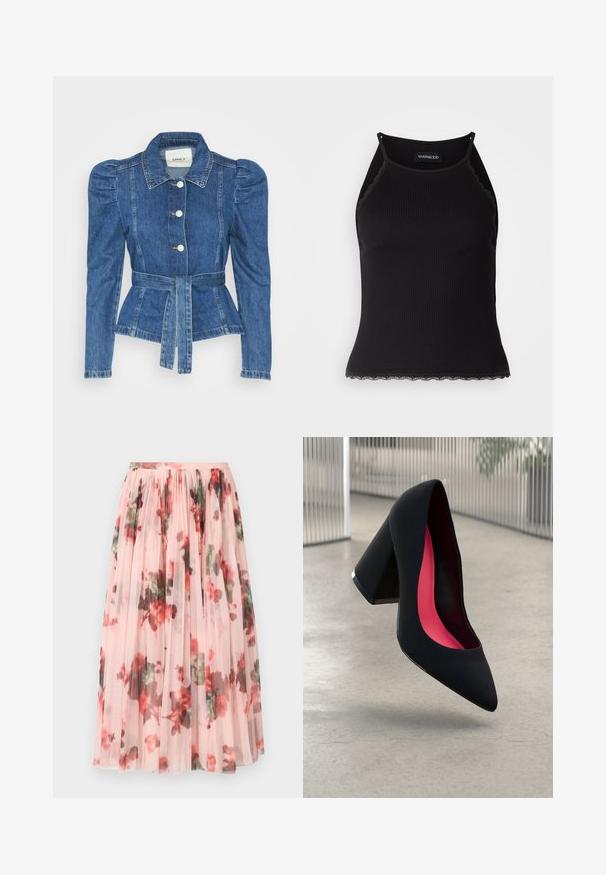 Farmer dzseki övvel a deréknál, testhez simuló fazon és puffos vállakkal. Középkék szín, struktúrált kialakítás és elöl gombos záródás.; Fekete bordázott ujjatlan felső, csipkés, fodros szegéllyel az alján. Vékony pántokkal és testhez simuló kialakítással rendelkezik. Stretch anyagból készült.; Tüll szoknya puha rózsaszín alapszínnel, vörös és zöld virágmintával. Az anyag áttetsző, a derékon gyűrt redők találhatóak.; Fekete magassarkú cipő hegyes orral, textúrált felülettel és élénk rózsaszín béléssel. Vastag sarokkal rendelkezik, ezüst kiegészítővel.