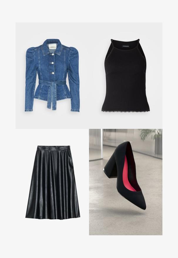 Casaco de ganga com cintura ajustada, corpete justo e ombros bufantes. Cor azul média, design estruturado e fecho frontal por botões.; T-shirt sem mangas preto com acabamento em renda frisada na barra. Apresenta alças finas e um design justo. Feito de um tecido elástico.; Saia em imitação de couro preta com uma textura lisa e brilhante, apresentando um design plissado e uma cintura elástica para maior conforto.; Sapato de salto alto preto com bico puntiagudo, superfície texturizada e um interior vibrante em rosa. Apresenta um salto grosso com detalhe em prata.