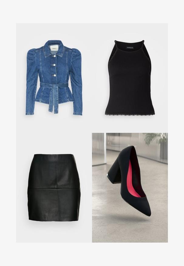 Veste en denim avec une taille ceinturée, un buste ajusté et des épaules bouffantes. Couleur bleu moyen, design structuré et fermetures à boutons sur le devant.; Débardeur noir à côtes avec une bordure en dentelle festonnée à l'ourlet. Présente des bretelles fines et une coupe ajustée. Fabriqué en tissu extensible.; Jupe mini en cuir noir avec une texture lisse, une silhouette ajustée et un détail de couture au niveau de la taille. Pas de fermetures visibles.; Chaussure à talon noir avec un bout pointu, surface texturée et un intérieur rose vif. Dotée d'un talon épais avec un accent en argent.