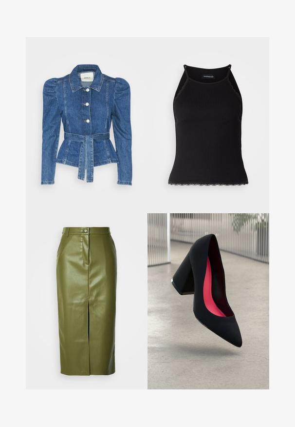 Riposso takki, jossa on vyöllinen vyötärö, istuva vartalo ja puffatut olkapäät. Keskisininen väri, rakenteellinen muotoilu ja etupainetut napit.; Mustan ribbitoppi, jonka helman reunassa on aaltoileva pitsi. Ominaisuuksina ohuet hihnat ja tiukka malli. Valmistettu joustavasta kankaasta.; Vihreä oliivinvärinen keinonahkainen midi-hame, jossa on etureikä, nappikiinnitys ja hillitty kiilto, suunniteltu tiiviiksi siluetiksi.; Musta korkokenkä, jossa on terävä kärki, teksturoitu pinta ja kirkkaan vaaleanpunainen sisus. Varustettu tukevalla kannalla, jossa on hopeinen yksityiskohta.