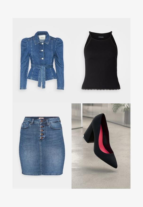 Denim jakna z pasom, prilegajoča bodica in napihnjena ramena. Srednje modra barva, strukturna zasnova in sprednje gumbne zanke.; Črn rebrast top brez rokavov z valovitimi čipkastimi robovi na dnu. Ima tanke naramnice in oprijet kroj. Narejen je iz raztegljivega materiala.; Denim krilo v srednje modri barvi z oprijetim silhuetom. Ima zapiranje na pet gumbov spredaj, dva sprednja žepa in šivani rob.; Črne visoke petke z nazobčanim prstom, teksturirano površino in živahnimi rožnatimi notranjimi deli. Imajo robustno peto z srebrnim akcentom.