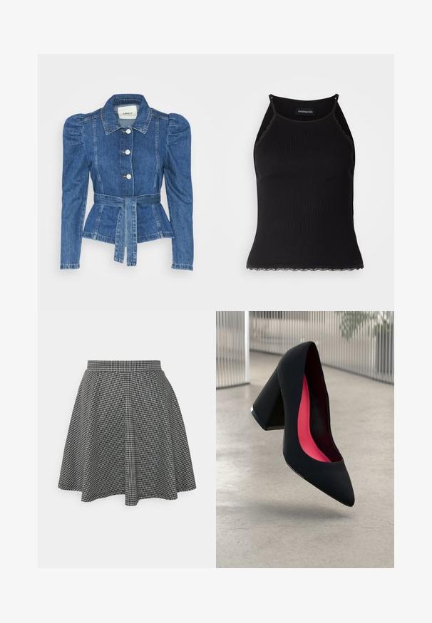 Džínová bunda s opaskom v páse, priliehavým telom a vypúknutými ramenami. Stredne modrá farba, štruktúrovaný dizajn a predné gombíkové zapínanie.; Čierny rebrovaný top bez rukávov so zvlneným čipkovým lemovaním na spodnom leme. Má tenké ramienka a priliehavý strih. Vyrobené z elastického materiálu.; Čiernobiela kockovaná sukňa pre korčuliarky s priliehavým pásom a rozšíreným lemom, vyrobená z textúrovanej látky s klasickým vzorom.; Čierna lodička na vysokom opätku s špicatou špičkou, štruktúrovaným povrchom a živým ružovým interiérom. Obsahuje robustný opätok so strieborným akcentom.