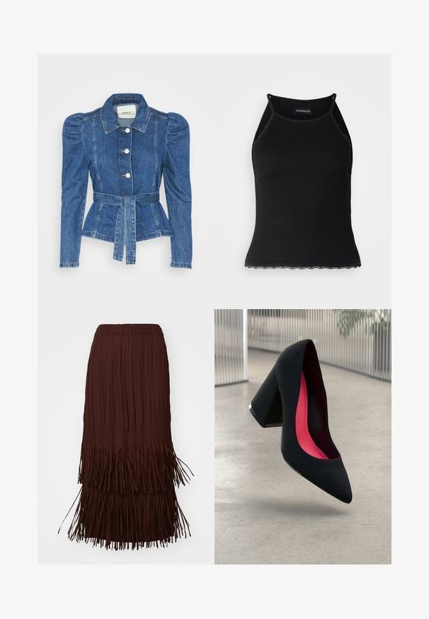 Chaqueta de mezclilla con cintura ceñida, cuerpo ajustado y hombros abullonados. Color azul medio, diseño estructurado y cierres frontales de botones.; Top de tanque negro con ribetes acanalados y borde de encaje con volantes en el dobladillo. Presenta tirantes finos y un diseño ajustado. Fabricado en tejido elástico.; Falda midi plisada marrón con detalles de flecos en la parte inferior, que cuenta con una cinturilla elástica y una textura fluida.; Zapato de tacón alto negro con puntera afilada, superficie texturizada y un interior de un rosa vibrante. Presenta un tacón grueso con un acento plateado.