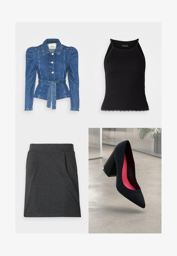 Jeansjakke med belte i midjen, tettsittende midje og puffede skuldre. Medium blå farge, strukturert design og frontknapper.; Svart ribbet tanktopp med scallop lace detaljer i kanten. Har tynne stropper og en kroppsnær design. Laget av elastisk stoff.; Mørk grå stoffskjørt med en tettsittende linning, med folder for ekstra tekstur. Rett snitt, minimale sømdetaljer og ingen mønstre.; Svart høye hæler med spiss tå, teksturert overflate og en livlig rosa innside. Har en kraftig hæl med sølvdetaljer.