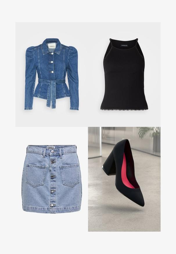 Traper jakna s pojasom u struku, prilagođenim tijelom i nabranim ramenima. Srednje plava boja, strukturirani dizajn i prednje kopčanje na tipke.; Crna ženska majica bez rukava s rebrastim uzorkom i čipkastim obrubom na donjem dijelu. Ima tanke naramenice i prilagođen dizajn. Izrađena od rastezljivog materijala.; Džins mini suknja u svijetloplavoj boji, s pet prednjih gumba, dva zakrpljena džepa i blago iznošenom teksturom. Etiketa kaže "ONLY."; Crna cipele na visoku petu sa špicastim vrhom i teksturiranim gornjim dijelom. Unutrašnjost s jarko ružičastim podstavom. Kvadratna peta s metalnim detaljem na bazi.