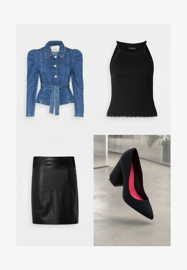 Farmer dzseki övvel a deréknál, testhez simuló fazon és puffos vállakkal. Középkék szín, struktúrált kialakítás és elöl gombos záródás.; Fekete bordázott ujjatlan felső, csipkés, fodros szegéllyel az alján. Vékony pántokkal és testhez simuló kialakítással rendelkezik. Stretch anyagból készült.; Fekete bőrből készült mini szoknya sima textúrával, testhezálló fazonnal és rugalmas derékkal, amely egy letisztult és modern megjelenést kínál.; Fekete magassarkú cipő hegyes orral, textúrált felülettel és élénk rózsaszín béléssel. Vastag sarokkal rendelkezik, ezüst kiegészítővel.