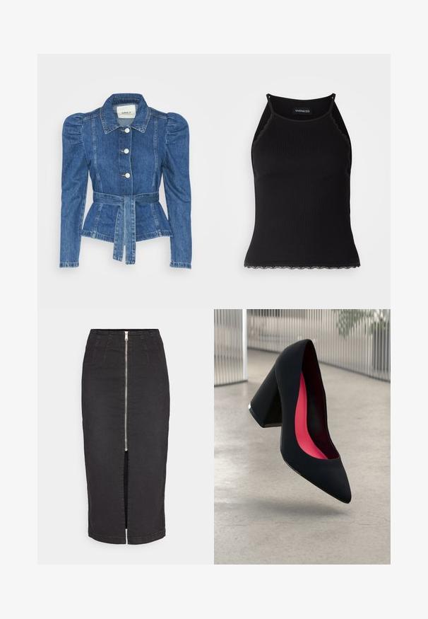 Denim jacket with a belted waist, fitted bodice, and puffed shoulders. Medium blue color, structured design, and front button closures.; Black ribbed tank top with scalloped lace trim at the hem. Features thin straps and a fitted design. Made from stretchable fabric.; Black denim midi skirt with front zipper closure, features a front slit, structured waistband, and subtle stitching details.; Black high heel shoe with a pointed toe, textured surface, and a vibrant pink interior. Features a chunky heel with silver accent.
