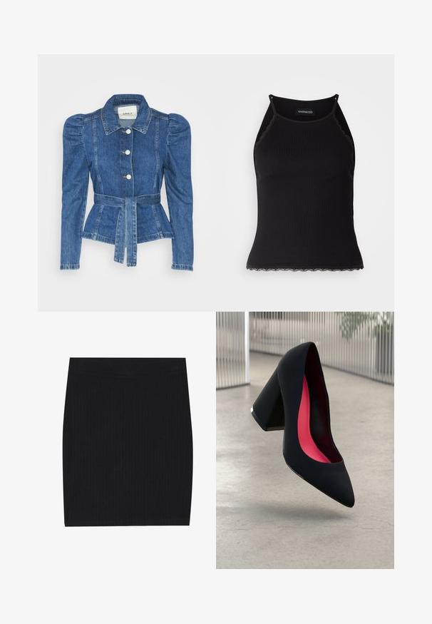 Jeansjacke mit tailliertem Schnitt, fitted Oberteil und gepufften Schultern. Mittelblaue Farbe, strukturierte Form und Frontknopfverschlüsse.; Schwarzes, geripptes Tanktop mit gewellten Spitzenabschluss am Saum. Mit dünnen Trägern und einer figurbetonten Passform. Hergestellt aus dehnbarem Material.; Schwarzer gerippter Strick-Minirock mit taillierter Passform, glatter Textur und elastischem Bund für Komfort.; Schwarzer High Heel Schuh mit spitzer Zehe, strukturiertem Obermaterial und lebhaftem pinken Innenraum. Verfügt über einen dicken Absatz mit silberner Akzentuierung.