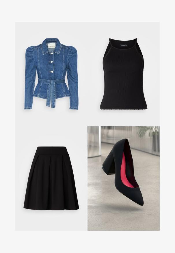 Denim jakna z pasom, prilegajoča bodica in napihnjena ramena. Srednje modra barva, strukturna zasnova in sprednje gumbne zanke.; Črn rebrast top brez rokavov z valovitimi čipkastimi robovi na dnu. Ima tanke naramnice in oprijet kroj. Narejen je iz raztegljivega materiala.; Črna plisirana krila iz mehke tkanine z visokim pasom in razširjenim A-linijskim krojem, primerna za različne priložnosti.; Črne visoke petke z nazobčanim prstom, teksturirano površino in živahnimi rožnatimi notranjimi deli. Imajo robustno peto z srebrnim akcentom.