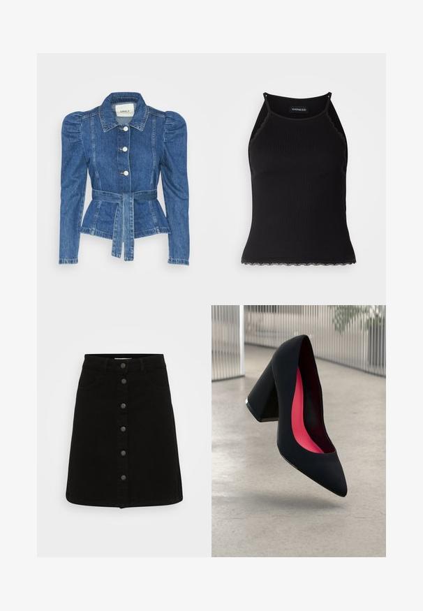 Denimo striukė su dirželiu liemens srityje, prigludusia forma ir pūstomis pečių dalimis. Vidutinio mėlynumo spalva, struktūrizuotas dizainas ir priekiniai mygtukų užsegimai.; Juodas raštuotas marškinėlis be rankovių su banginiu nėriniu apdaila apatine dalimi. Savybės: plonos petnešos ir prigludusi forma. Pagaminta iš tamprios medžiagos.; Juodas džinsinis sijonas su sagčių uždarymu priekyje, dviem priekinėmis kišenėmis ir tiesia siluetu. Sklandus audinys su tvarkingais kraštais.; Juodas aukštakulnis batai su smailiu pirštu, su tekstūruota paviršiumi ir ryškiai rožiniu vidumi. Su tiek dideliu kulnu, tiek sidabriniu akcentu.