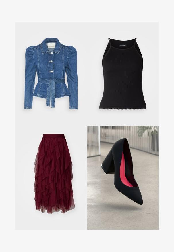 Jeansjacke mit tailliertem Schnitt, fitted Oberteil und gepufften Schultern. Mittelblaue Farbe, strukturierte Form und Frontknopfverschlüsse.; Schwarzes, geripptes Tanktop mit gewellten Spitzenabschluss am Saum. Mit dünnen Trägern und einer figurbetonten Passform. Hergestellt aus dehnbarem Material.; Burgunder Tüllrock mit mehreren geschichteten Rüschen, einem breiten Taillenbund und einer fließenden Silhouette. Leichter, strukturierter Stoff verbessert die Bewegungsfreiheit.; Schwarzer High Heel Schuh mit spitzer Zehe, strukturiertem Obermaterial und lebhaftem pinken Innenraum. Verfügt über einen dicken Absatz mit silberner Akzentuierung.