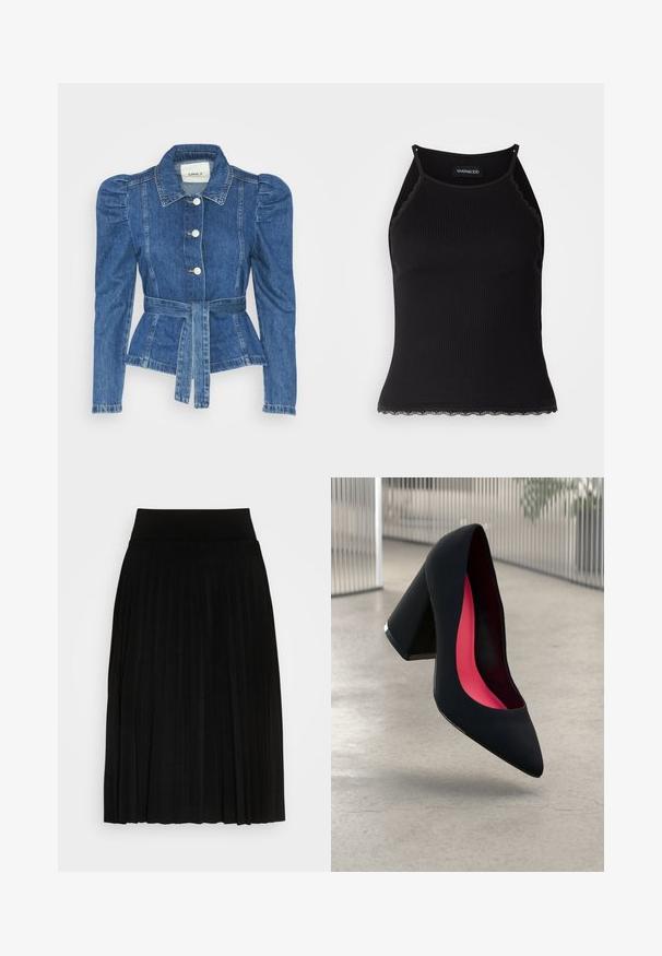 Denimo striukė su dirželiu liemens srityje, prigludusia forma ir pūstomis pečių dalimis. Vidutinio mėlynumo spalva, struktūrizuotas dizainas ir priekiniai mygtukų užsegimai.; Juodas raštuotas marškinėlis be rankovių su banginiu nėriniu apdaila apatine dalimi. Savybės: plonos petnešos ir prigludusi forma. Pagaminta iš tamprios medžiagos.; Juoda plisuota sijonas su plačiu juosmeniu, srautus dizainu, minkšta tekstūra ir tolygiai išdėstytais vertikaliais raukšlėmis, suteikiančiomis papildomą detalę.; Juodas aukštakulnis batai su smailiu pirštu, su tekstūruota paviršiumi ir ryškiai rožiniu vidumi. Su tiek dideliu kulnu, tiek sidabriniu akcentu.