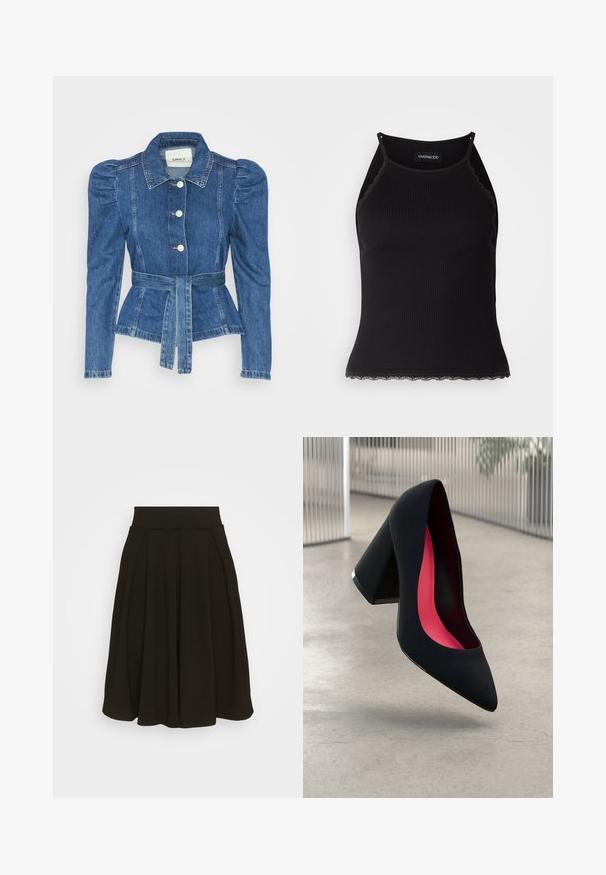Džínová bunda s opaskom v páse, priliehavým telom a vypúknutými ramenami. Stredne modrá farba, štruktúrovaný dizajn a predné gombíkové zapínanie.; Čierny rebrovaný top bez rukávov so zvlneným čipkovým lemovaním na spodnom leme. Má tenké ramienka a priliehavý strih. Vyrobené z elastického materiálu.; Čierna skladaná sukňa so širokým elastickým pásom. Vyrobená z jemnej tkaniny, s dĺžkou po kolená a hladkou textúrou.; Čierna lodička na vysokom opätku s špicatou špičkou, štruktúrovaným povrchom a živým ružovým interiérom. Obsahuje robustný opätok so strieborným akcentom.