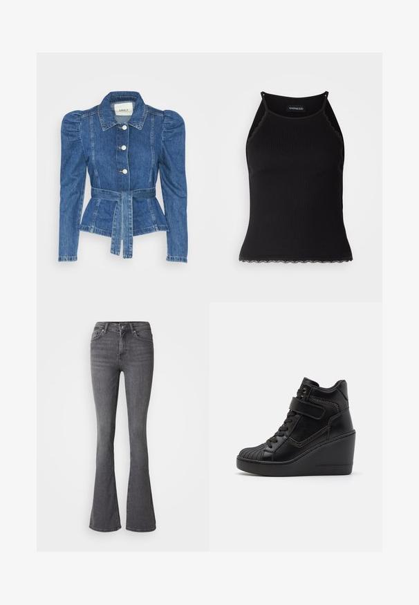 Chaqueta de mezclilla con cintura ceñida, cuerpo ajustado y hombros abullonados. Color azul medio, diseño estructurado y cierres frontales de botones.; Top de tanque negro con ribetes acanalados y borde de encaje con volantes en el dobladillo. Presenta tirantes finos y un diseño ajustado. Fabricado en tejido elástico.; Vaqueros grises acampanados con una cintura alta, cierre de botón, cinco bolsillos y sutiles detalles de costura. Fabricados en denim con una textura suave.; Zapatillas de cuña altas negras de cuero suave, con cordones en la parte delantera, correa ajustable y acentos decorativos de cremallera.