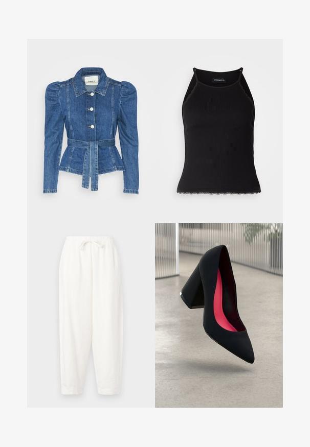 Denim jacket with a belted waist, fitted bodice, and puffed shoulders. Medium blue color, structured design, and front button closures.; Black ribbed tank top with scalloped lace trim at the hem. Features thin straps and a fitted design. Made from stretchable fabric.; White, loose-fitting trousers made of lightweight fabric. Features an elastic waistband with drawstring and tapered cuffs at the ankles.; Black high heel shoe with a pointed toe, textured surface, and a vibrant pink interior. Features a chunky heel with silver accent.