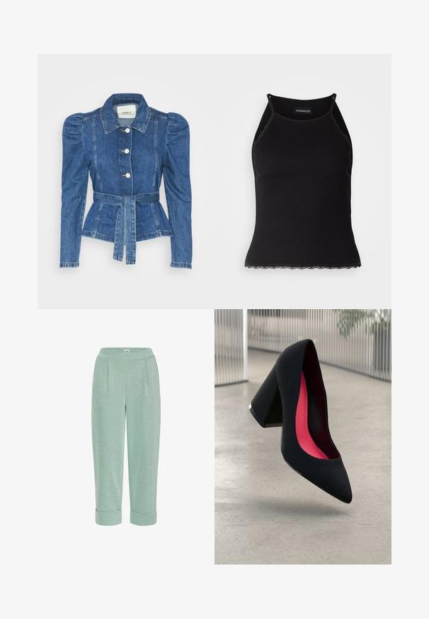 Denimiga jope, mille vöökoht on reguleeritav, kehaosa on kitsas ja õlavarred on puhvaariga. Keskmise sinise värvusega, struktureeritud disain ja ees nupulukud.; Must mustriba top musta servadega äärega. Omab peeneid rihmu ja istuvat disaini. Valmistatud venivast kangast.; Heledad rohelised lühikesed püksid pehme tekstuuriga, millel on voltidegaäär ja frontaalne voldik, loodud mugavuseks ja igapäevaseks kandmiseks.; Mustad must kõrged kontsad, terava ninaga, tekstuurse pinnaga ning erksa roosa sisemusega. Omab paksu kontsa koos hõbedase aktsendiga.